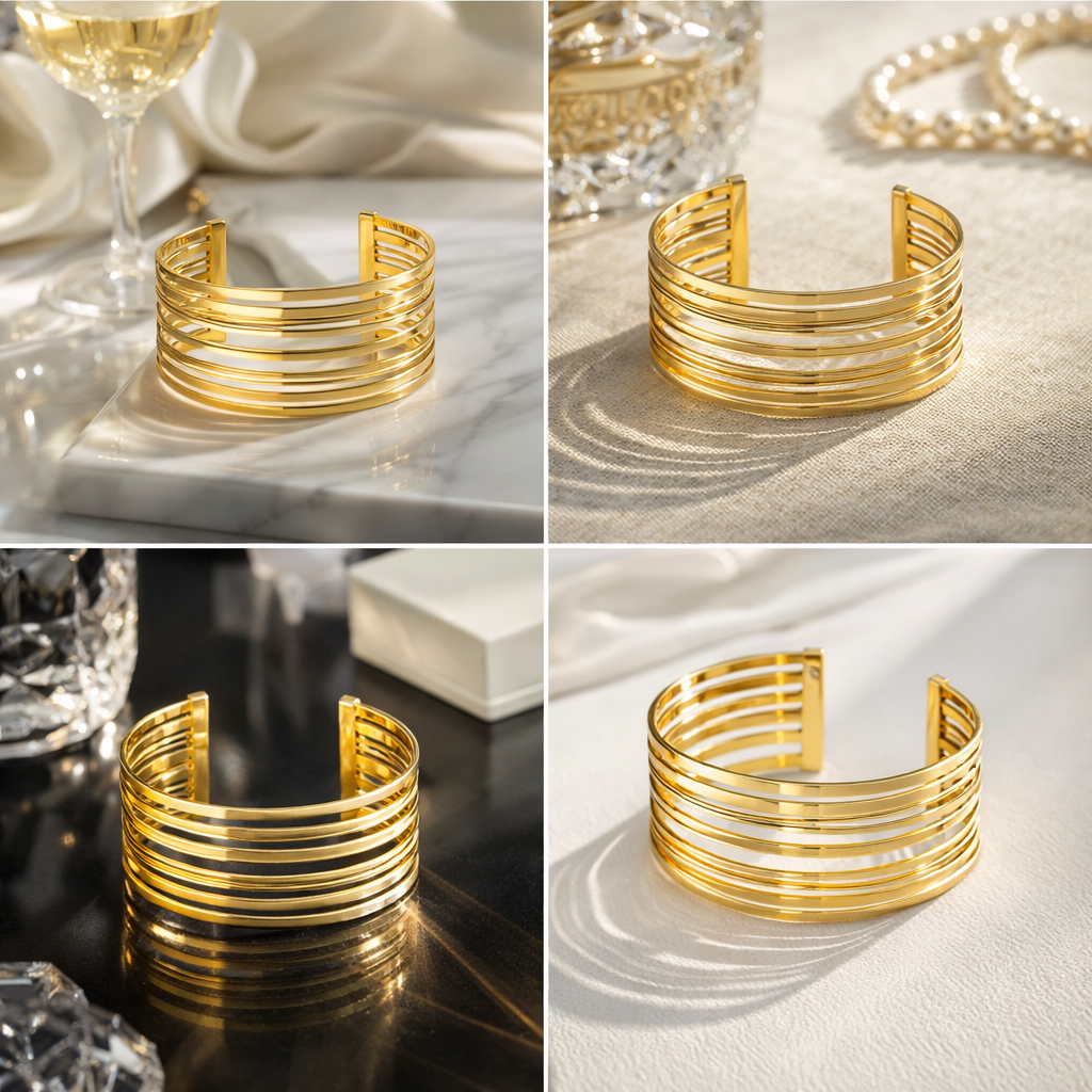 Armreif Breites Manschettenarmband Edelstahl parallelen Linien Trend Cosmos