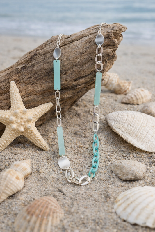 Halskette nickelfrei matt silberfarben hellblau langkette Modeschmuck Biba