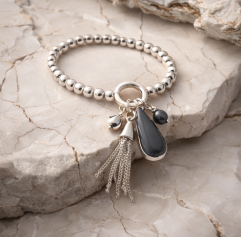 Armband Silberfarben grau nickelfrei stretch elastisch Anhänger Biba