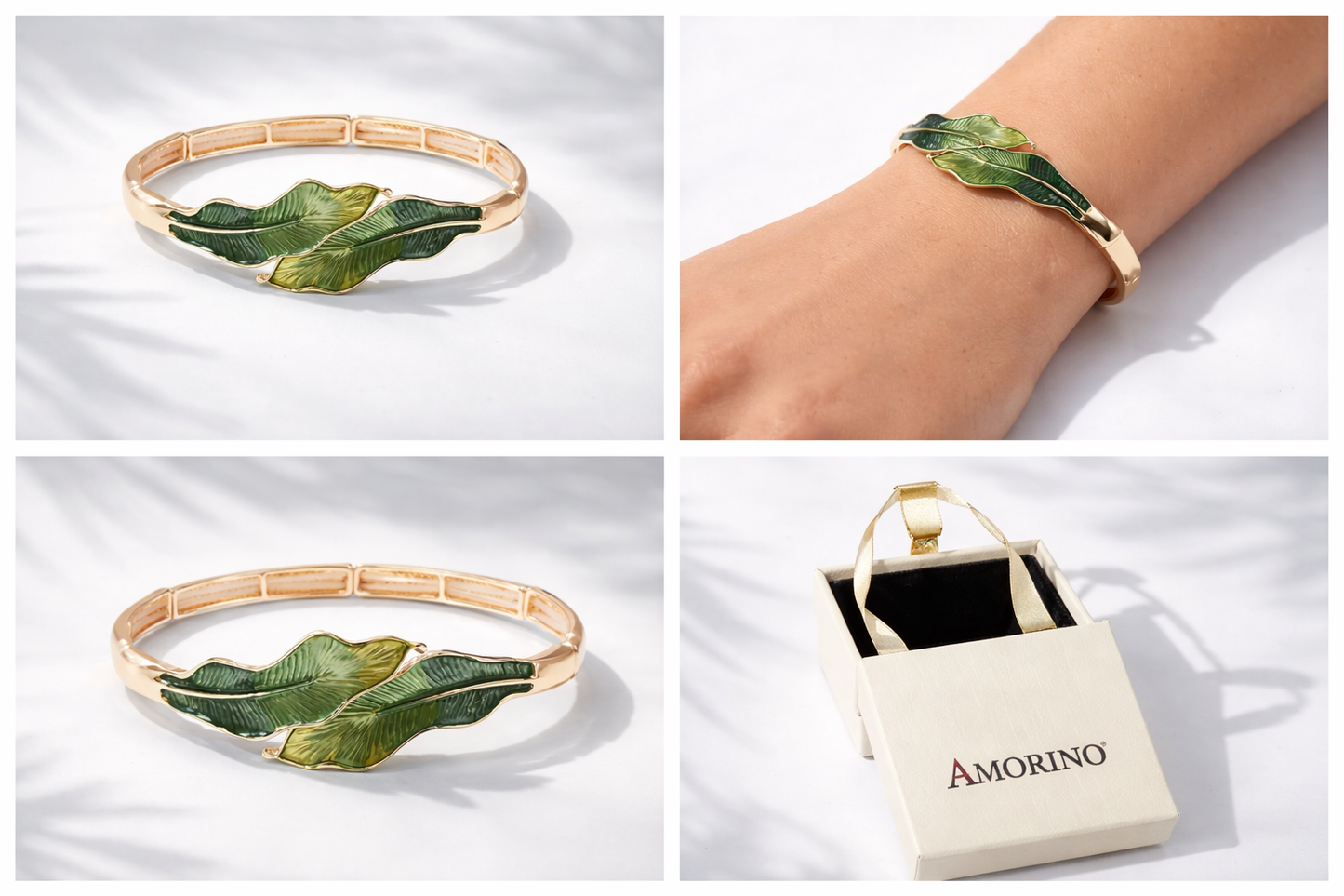 Armband elastische Emaille Blätter Natur Töne Blau Grün Klapp-Armband Amorino