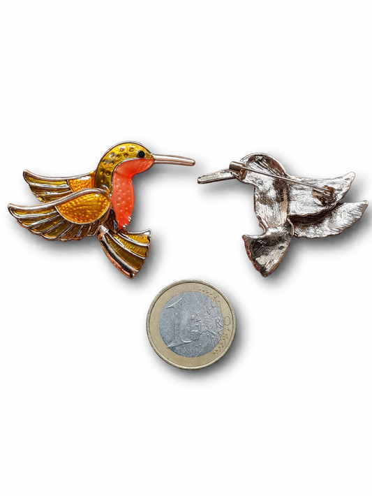 Brosche Kolibri Orange Vogel Tropen Amazonas Blumen Anstecknadel