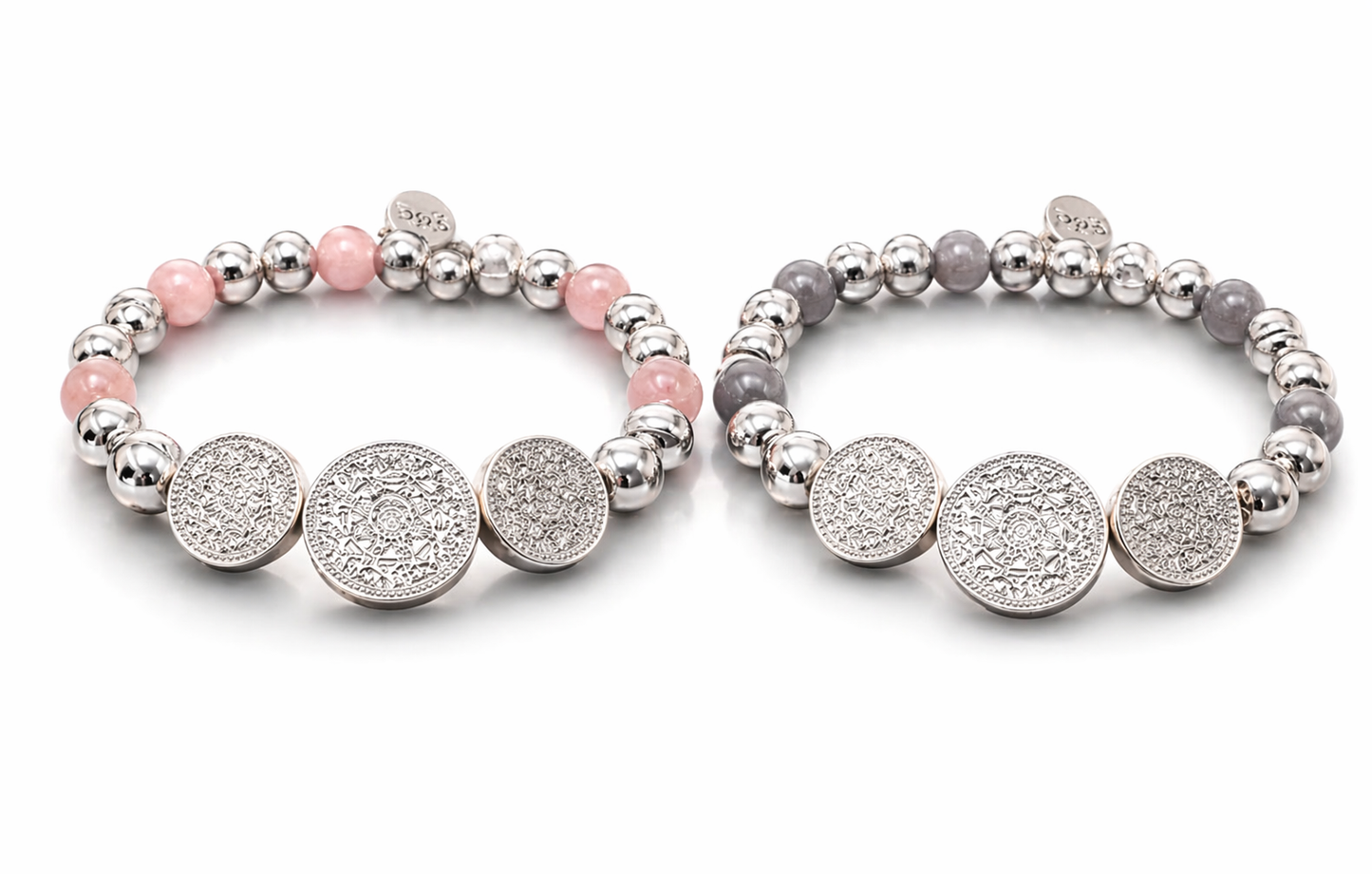 Biba Armband Silberfarben mit 3 ornamentale Kreise Rosa Mausgrau Biba