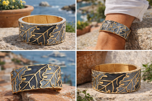 Armband Klapp-Armband Goldfarben Graue Blätter Emaille Nickelfrei Yehwang