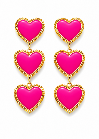 Ohrringe 3 anmutige Herzen in einer Reihe Orange Braun Lila Pink Edelstahl Yehwang