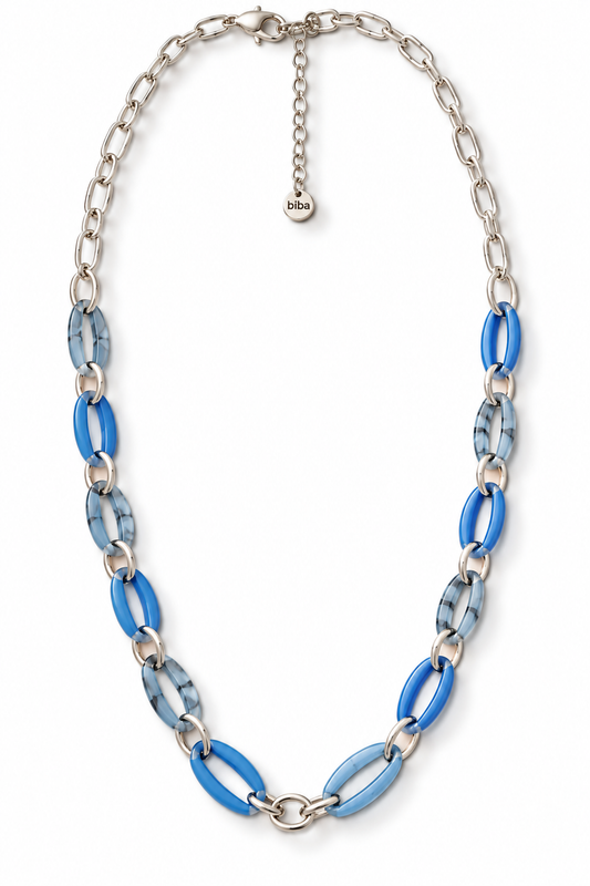 Halskette nickelfrei Acryl blau matt silberfarben Modeschmuck langkette Biba