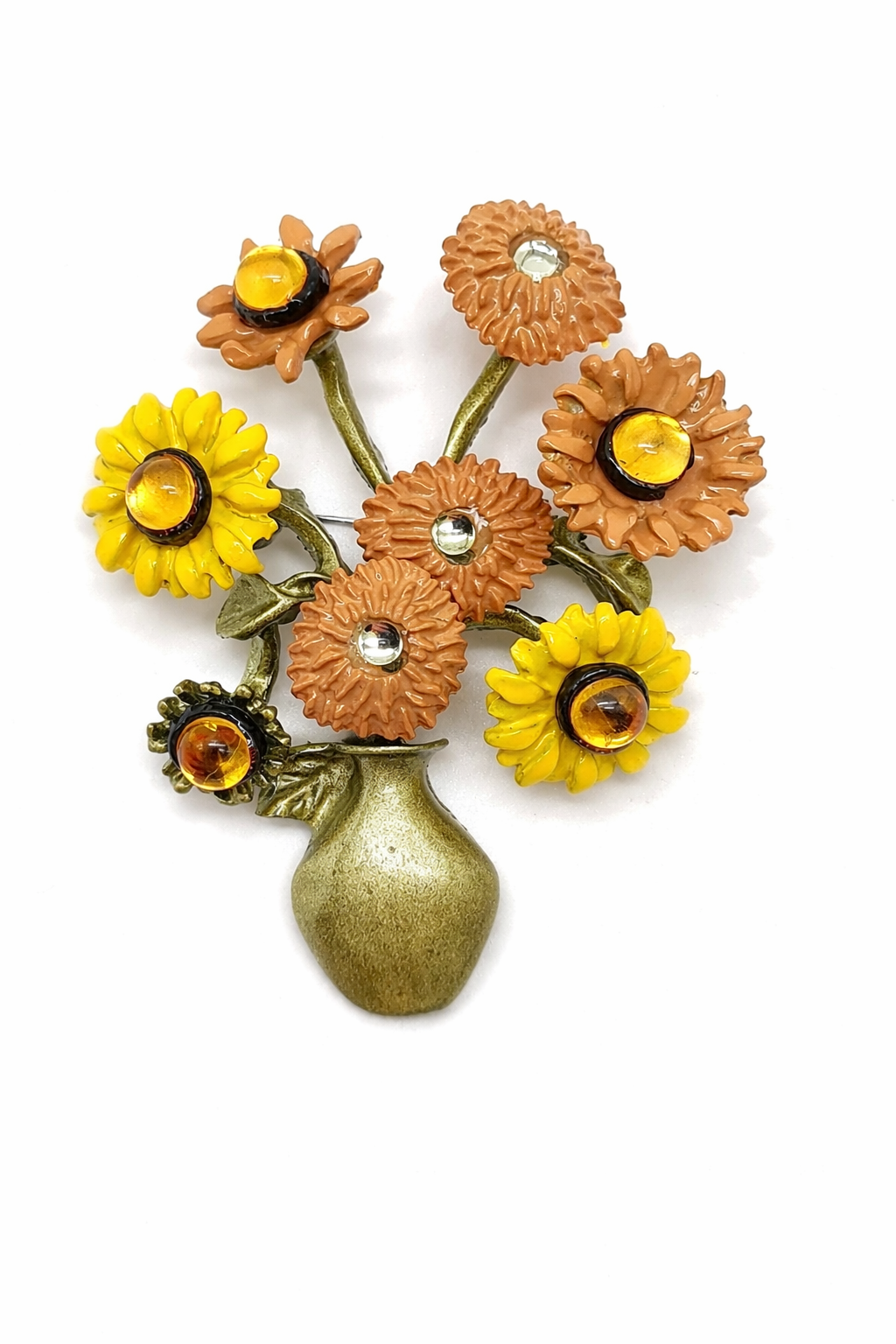 Brosche Blumenvase mit Blumen Gelb Bunt Strauß Blüten Natur Modeschmuck