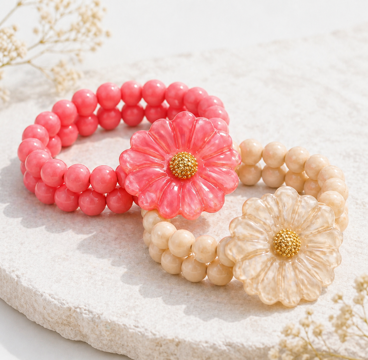 Armband Goldfarben "Ibiza Flower" Nickelfrei Sommer Trend Armband Rosa Creme-Beige