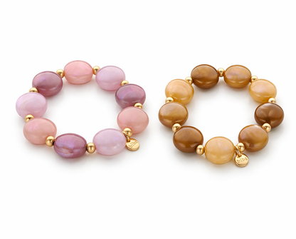 Armband elastisch Braun-Natur Lila-Töne Mat-Goldene Perlchen Nickelfrei Biba