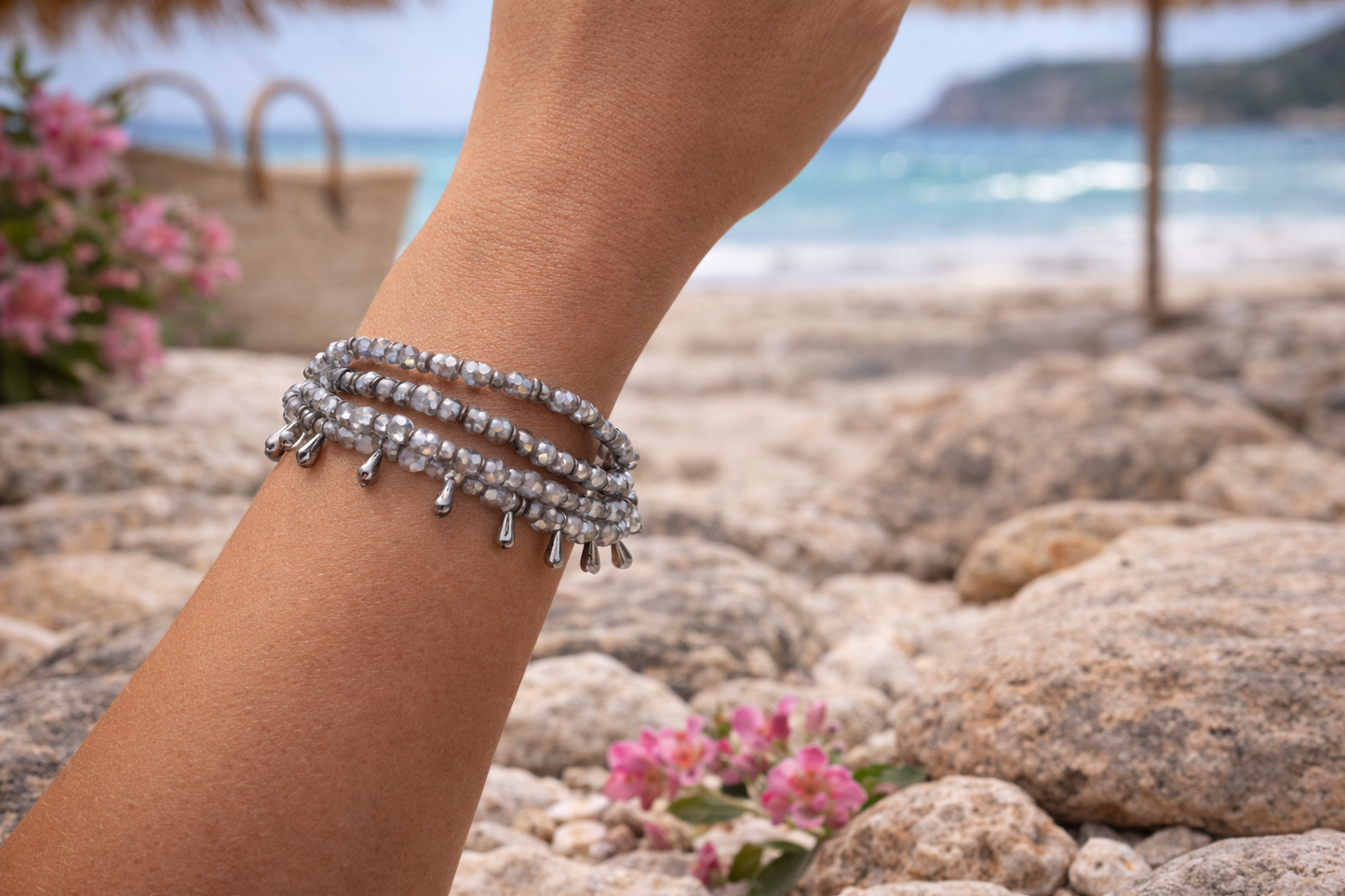 Armband 3-fach AArmband 3-fach Armband Tropfenarmband Grau-töne Ibiza Trend Bibarmband Tropfenarmband Grau-töne Ibiza Trend Biba
