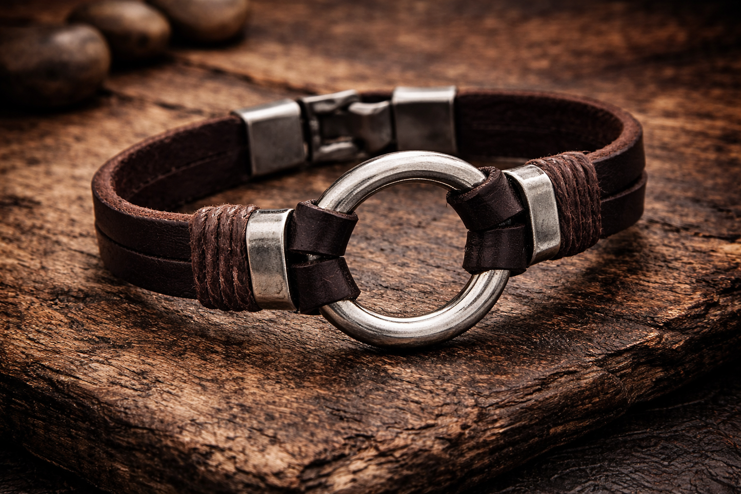 Armband Herrenarmband Braun geflochten silberfarben Leder Metall Nickelfrei Yehwang
