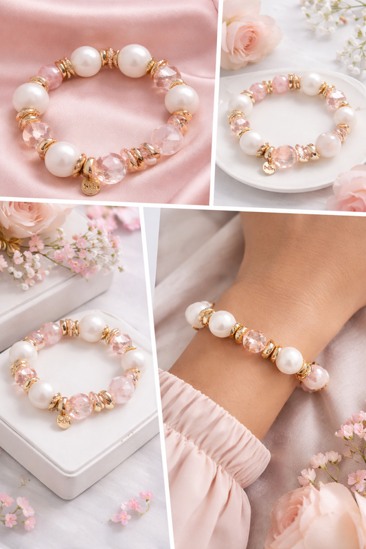 Armband elastisch Süß Pink Rosa Weiß Goldfarben Nickelfrei Biba