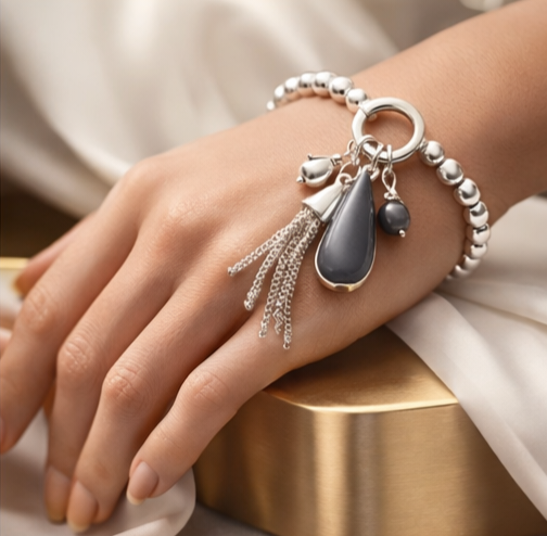 Armband Silberfarben grau nickelfrei stretch elastisch Anhänger Biba