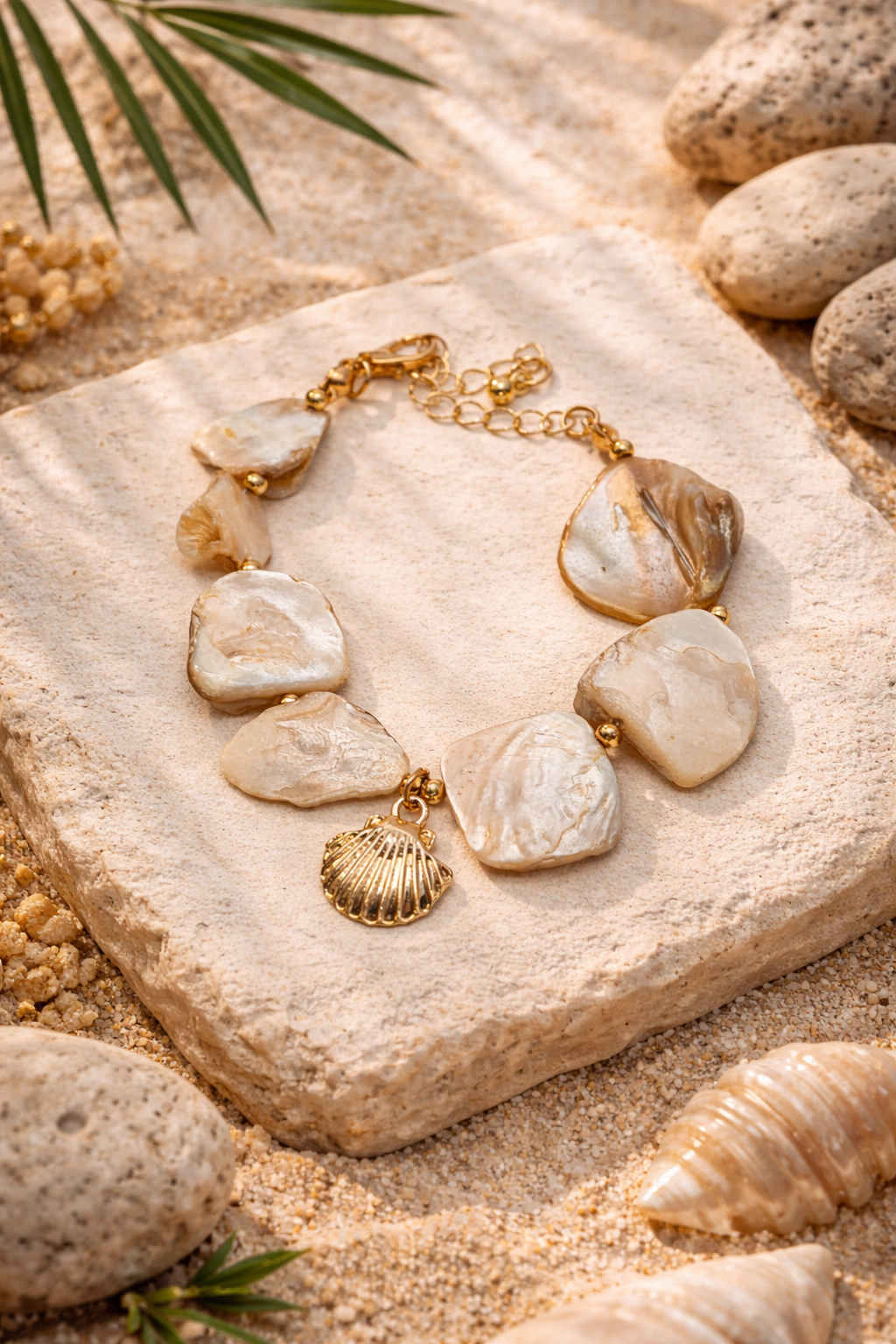 Armband Edelstahl Cosmos Natur Meer Muschel Orange Beige Nickelfrei