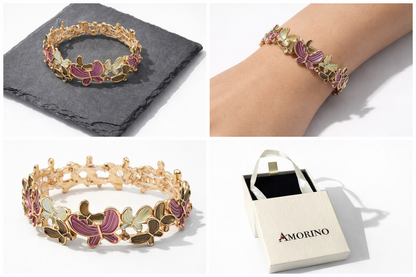 Armband elastisch Emaille Schmetterlingen Strass Lila Natur Amorino