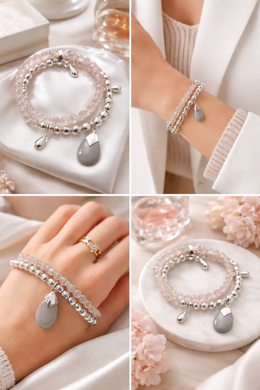 Armband Doppel-Armband elastisch Silberfarbig Graue Jade Steinchen Biba