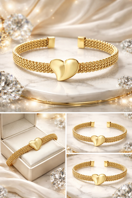 Armband Armreif "golden Love", geflochten  großes Herz Liebe Romantik Nickelfrei Yehwang