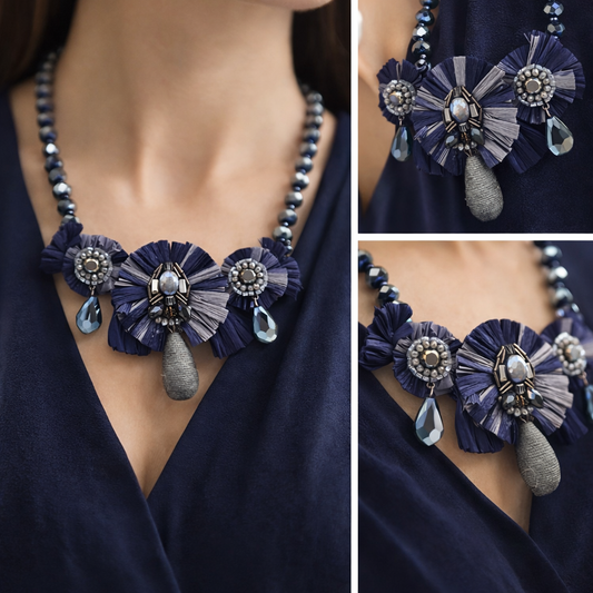 Kurzhalskette Grau-Blau Statement Textil Perlen Blau Grau Raffia Biba