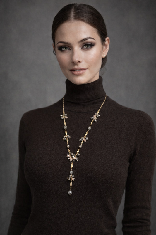 Halskette Langhalskette Y-Kette Goldfarben mit Graue Crystal Perlen Biba