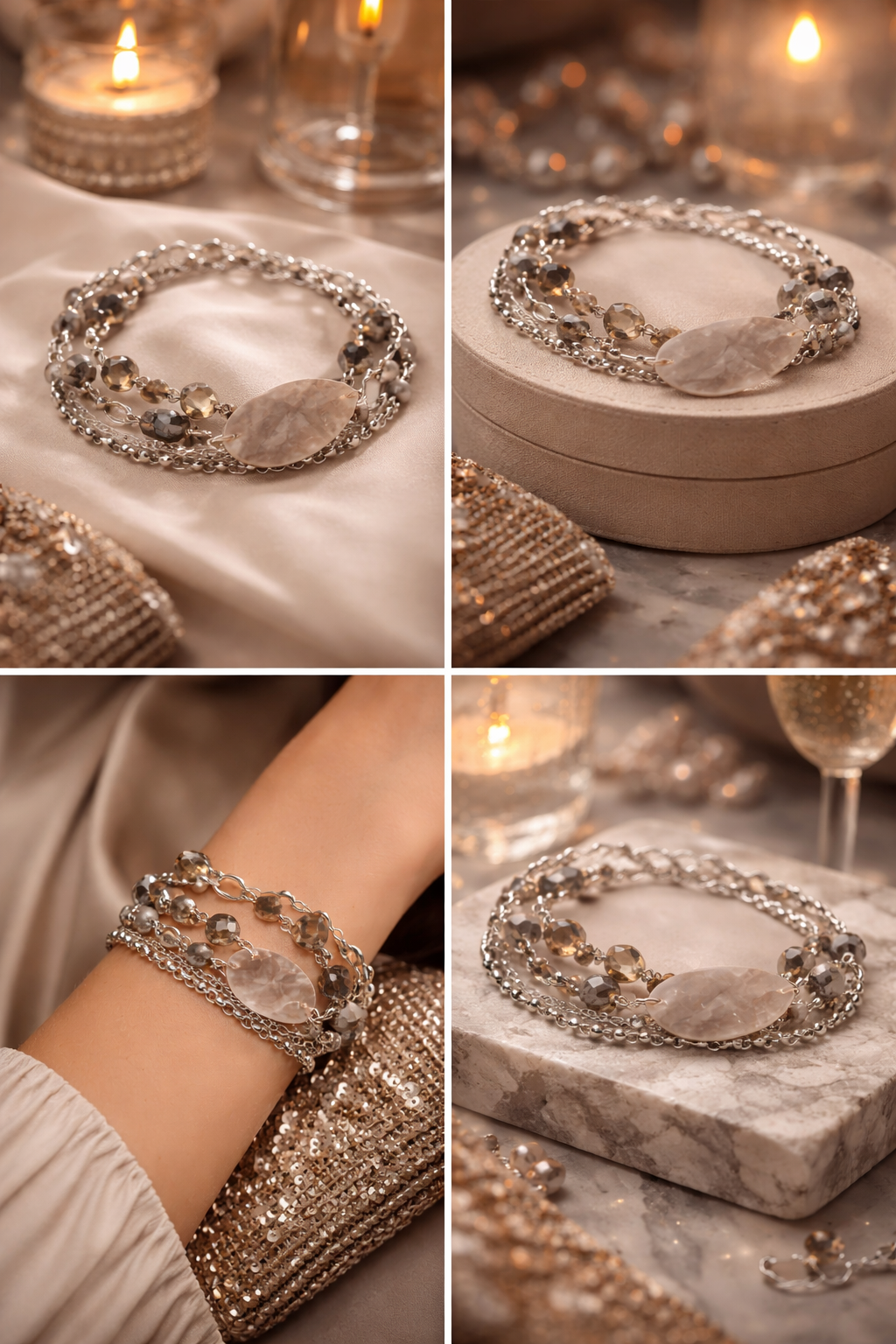 Armband 4-fach Kette Matt Silber- und Grau Lilatöne Trend Nickelfrei Biba