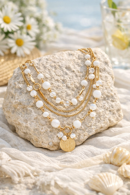 Halskette Langhalskette goldfarben Weiße Crystal perlen Nickelfrei Biba