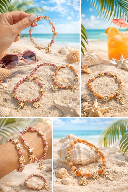 Armband Biba Blumen Seestern Palme Urlaub elastisch Nickelfrei Biba Goldfarben