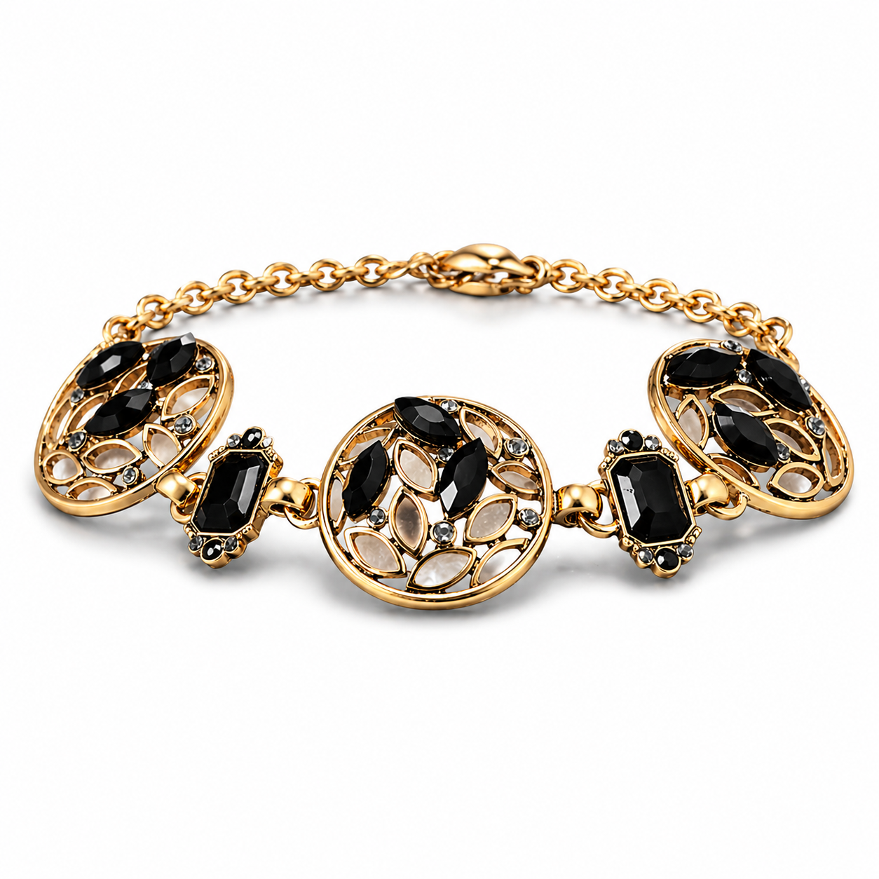 Armband Blossom Bijoux Kristall Strass Goldfarben Schwarz Rot Weiß Blau Statement