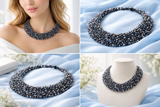 Halskette Kurzhalskette Kragen unzählige Blauen Perlen Statement Nickelfrei Party Biba