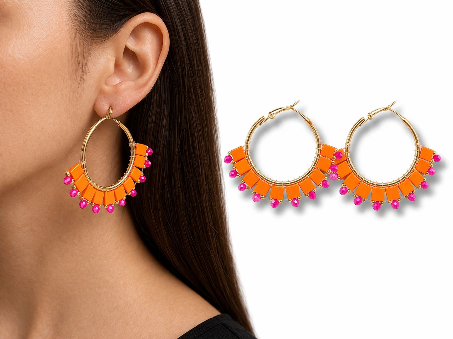Ohrhänger Ohrringe Goldfarben Creolen Orange Pink Nickelfrei Wauw