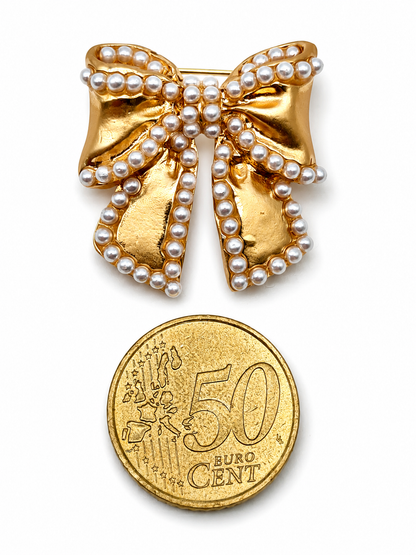 Brosche Schleife Goldfarben Perlen Strass Verbunden Romantisch