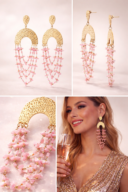 Ohrhänger Ohrringe Goldfarben mit Rosa Blumen Girlanden elegant Statement Nickelfrei Amorino