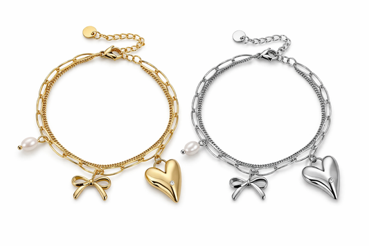 Armband Gold,- Silberfarben Bettelarmband Perle Schleife Herz Michelle Bijou