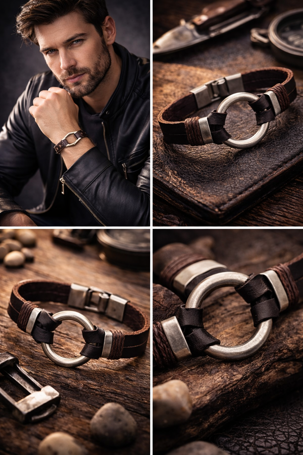 Armband Herrenarmband Braun geflochten silberfarben Leder Metall Nickelfrei Yehwang