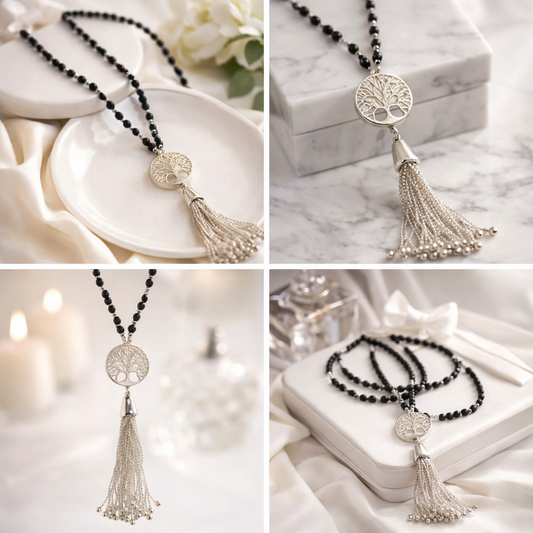 Halskette Anhänger Lebensbaum Silber Modeschmuck Schwarz Taupe Naturtöne Biba