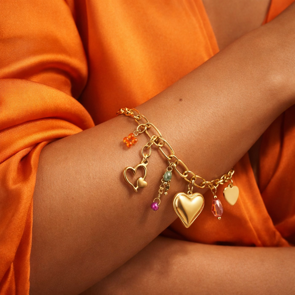 Armband Herz Goldfarben Pink Orange bunt Liebe Romantik Freundschaft Yehwang