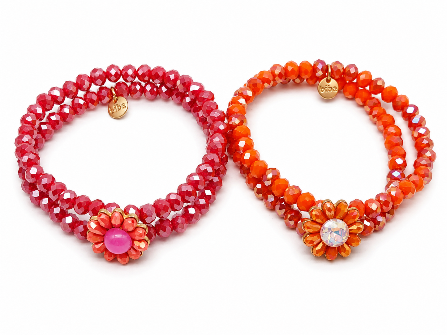 Armband elastisch Biba Doppel Kristall Armband mit Blüte Orange Pink