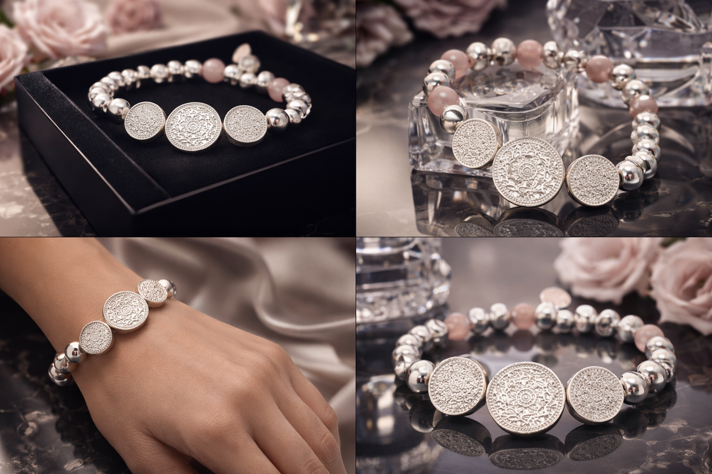 Biba Armband Silberfarben mit 3 ornamentale Kreise Rosa Mausgrau Biba