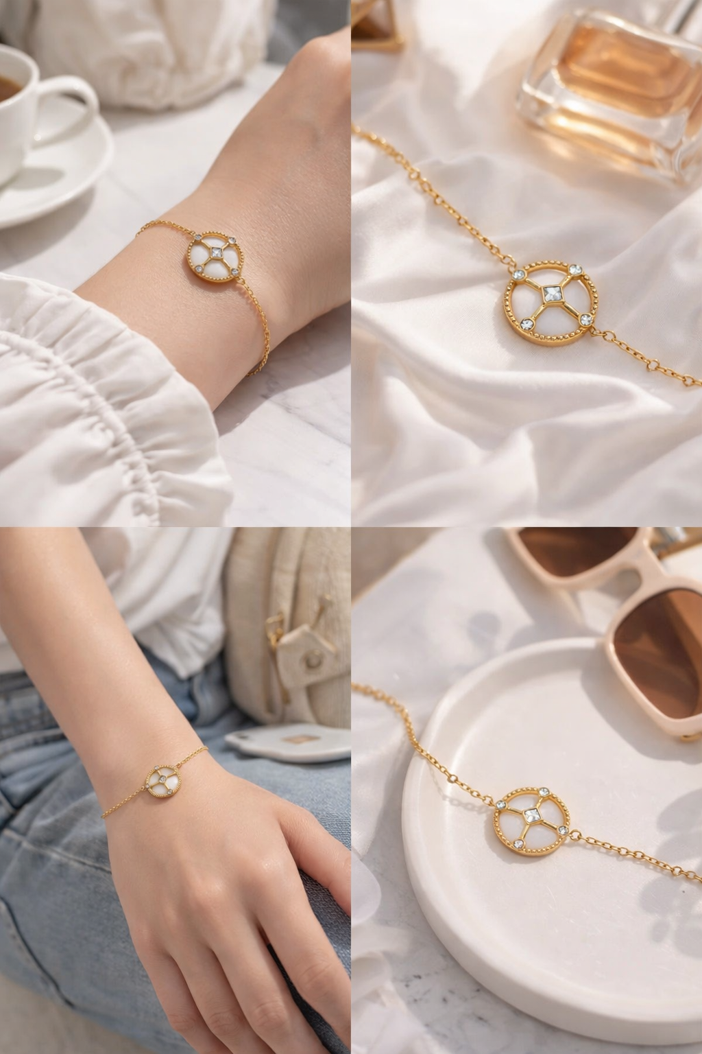 Blossom Bijoux Armband Gliederarmband Charm mit Strass und Weißer Naturstein