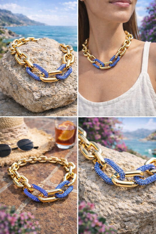 Halskette nickelfrei Gliederkette Goldfarben Glans Strass Blau Lavendel Modeschmuck Biba