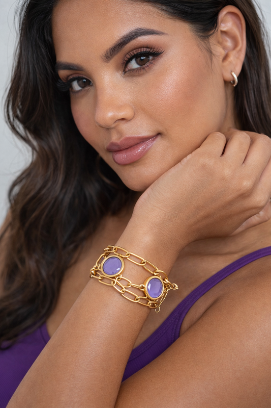 Armband Doppel Gliederarmband Gold Matt Lila, 18,5 cm Nickelfrei Sweet7