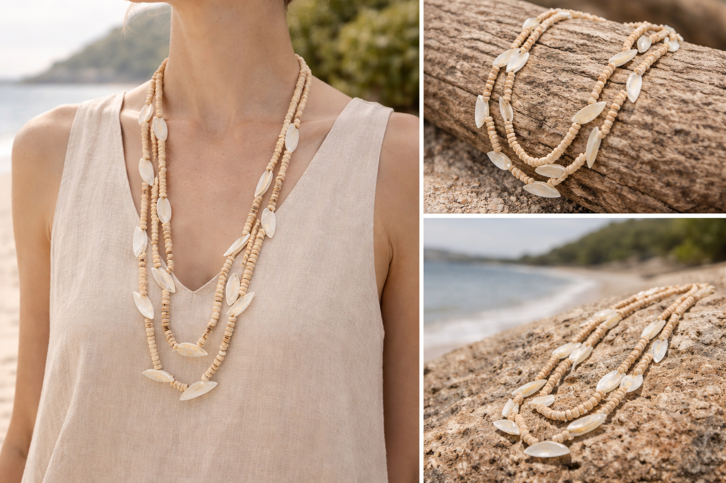 Halskette Grau oder Beige mit Muscheln und Acrylperlen Urlaub Strand Biba