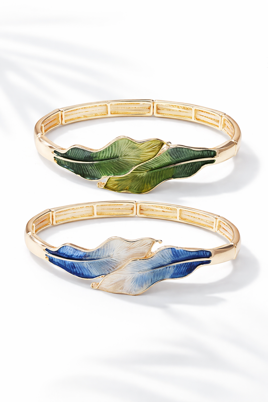 Armband elastische Emaille Blätter Natur Töne Blau Grün Klapp-Armband Amorino