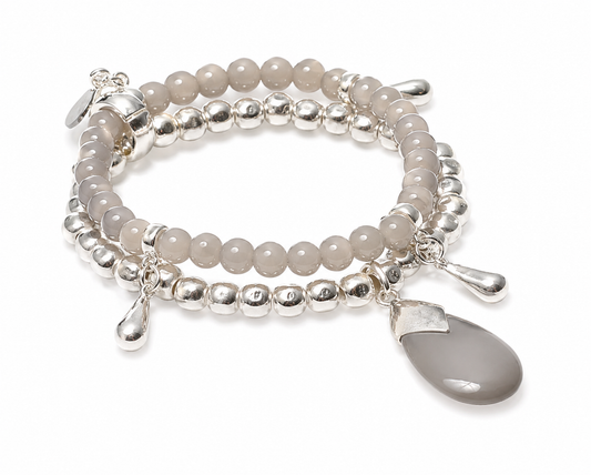 Armband Doppel-Armband elastisch Silberfarbig Graue Jade Steinchen Biba
