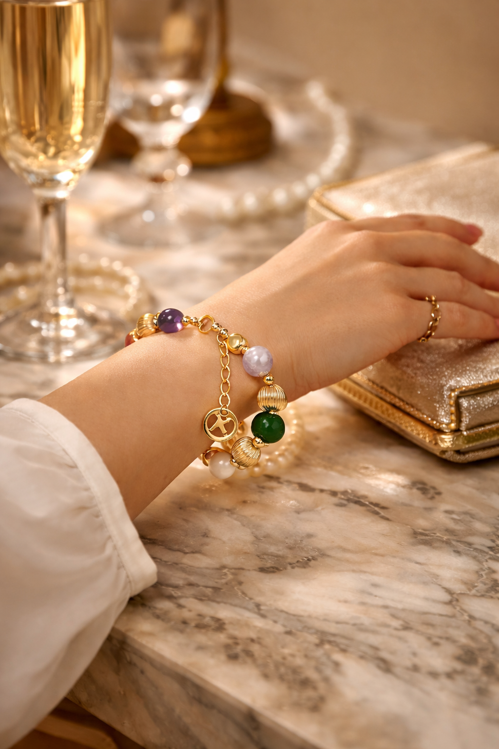 Armband Natursteine Goldfarbene Kralen Lila Orange Grün Nickelfrei Amorino