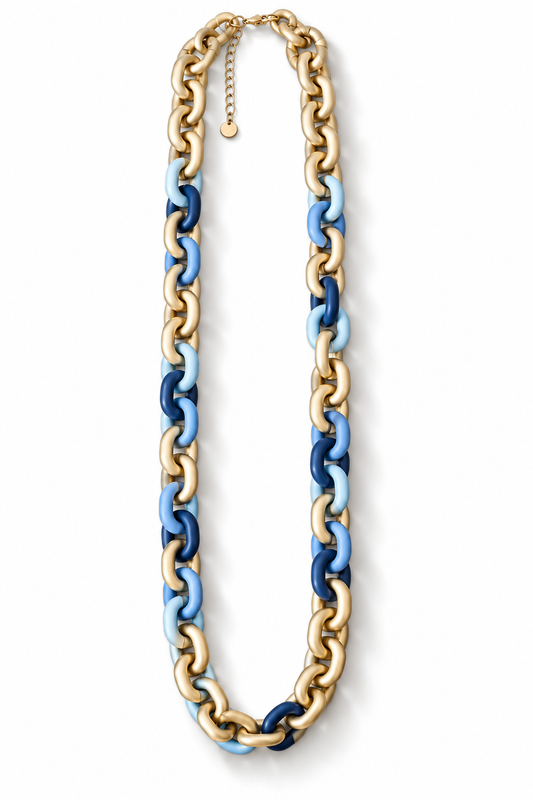 Halskette nickelfrei Gliederkette Goldfarben Matt Blau grau Modeschmuck Biba
