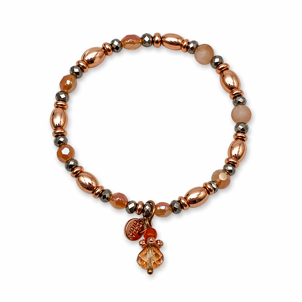 Armband elastisch Kupfergold-Farben mit Beige Altrosa Anhänger Biba
