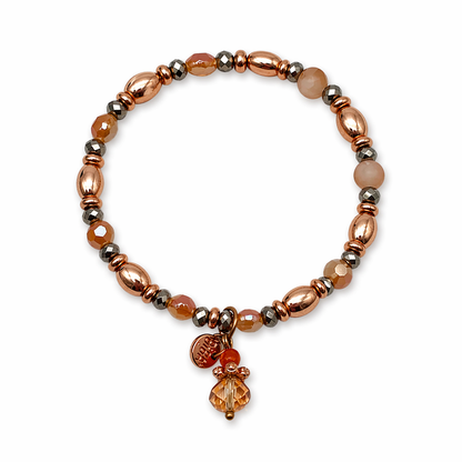 Armband elastisch Kupfergold-Farben mit Beige Altrosa Anhänger Biba