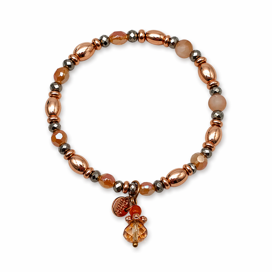 Armband elastisch Kupfergold-Farben mit Beige Altrosa Anhänger Biba