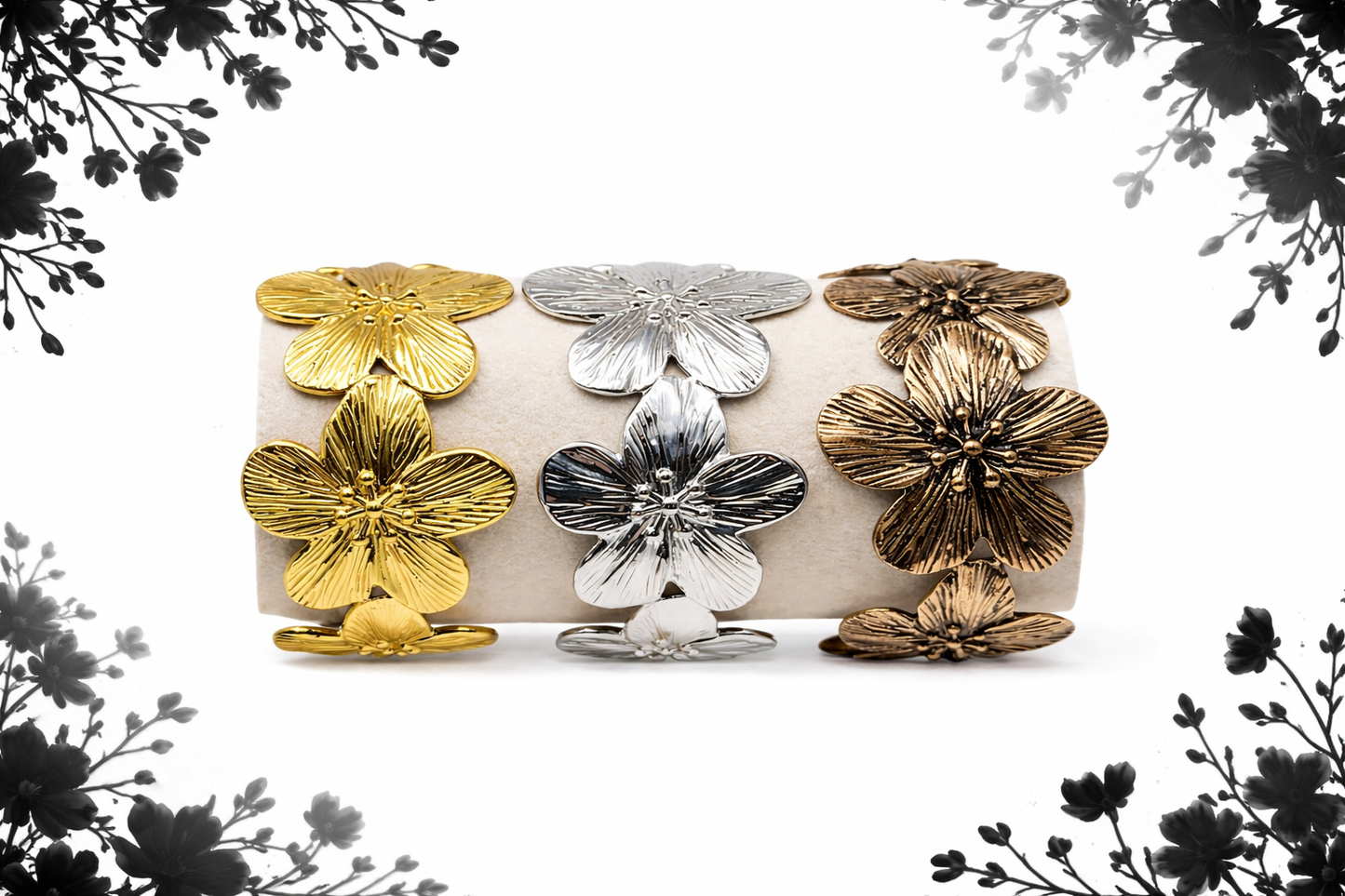 Armreif mit Blumen Motiv Goldfarben Silberfarben Bronze Nickelfrei Cosmos