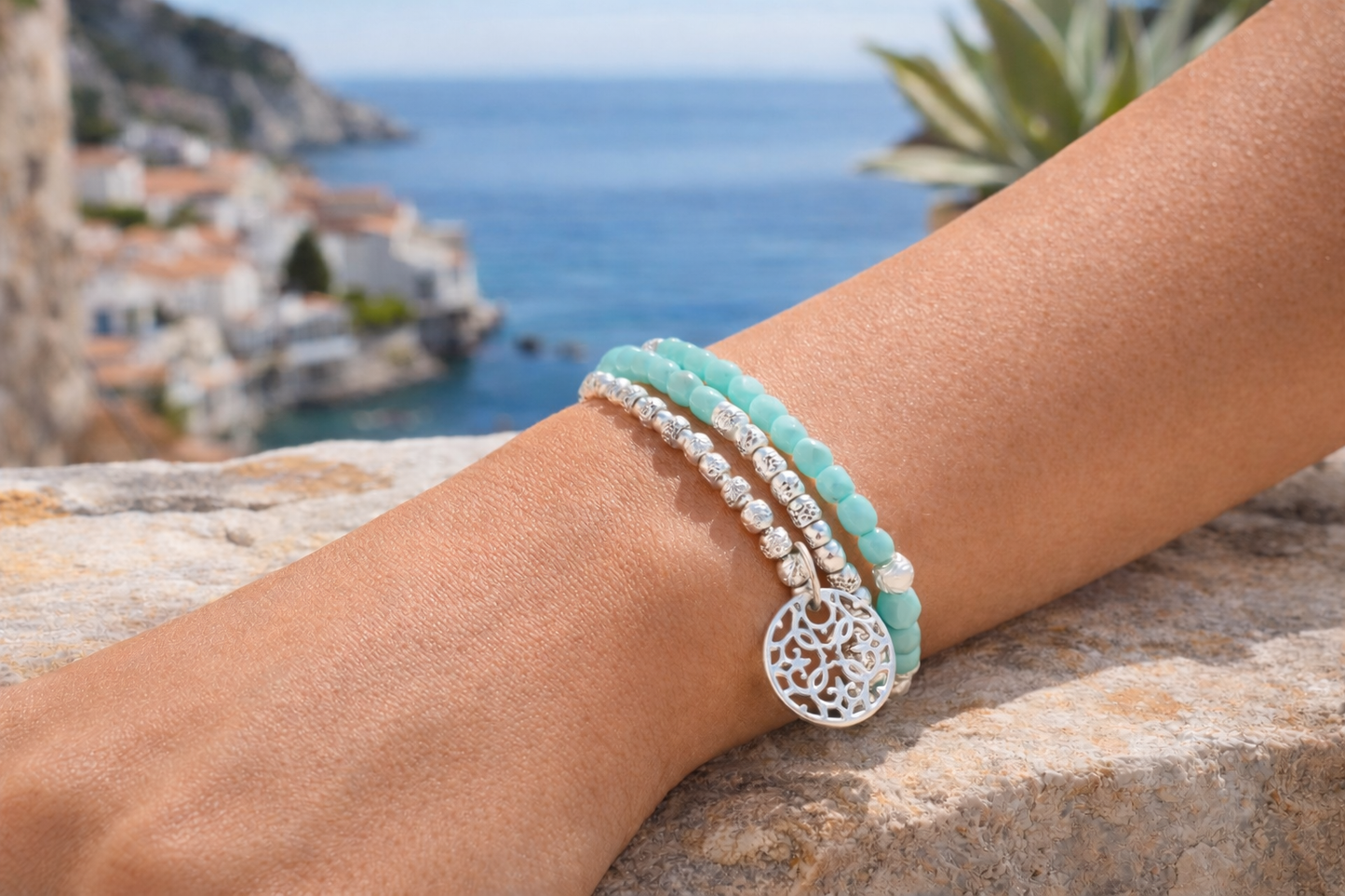 Armband Doppelarmband elastisch Eisblau mit Mandala Sommer Biba
