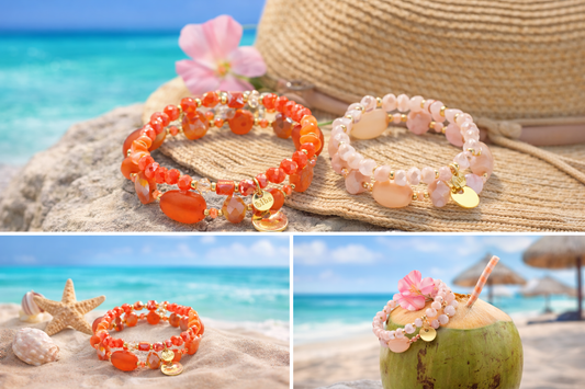 Armband Doppel-Armband Crystal Resin Perlen Orange Blassrosa Biba